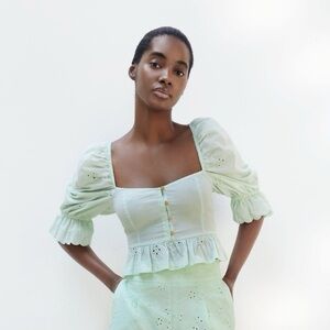 Zara Light Green Eyelet Puff Sleeve Blouse